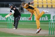WELLINGTON, NEW ZEALAND - FEBRUARY 16:  Lou Vincent of New Zealand hits a ball from Shane Watson of Australia during the first one-day international match of Chappell-Hadlee Trophy series between New Zealand and Australia at Westpac Stadium on February 16, 2007 in Wellington, New Zealand.    (Photo by Marty Melville/Getty Images)